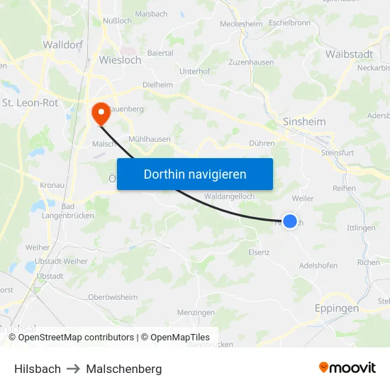 Hilsbach to Malschenberg map