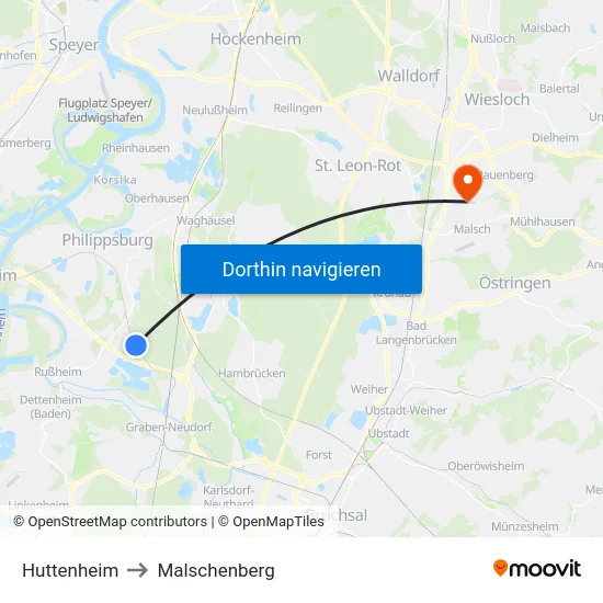 Huttenheim to Malschenberg map