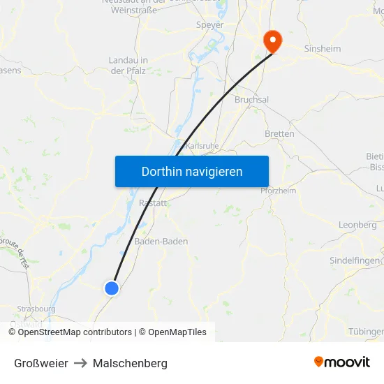 Großweier to Malschenberg map