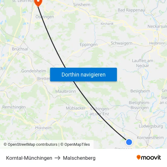 Korntal-Münchingen to Malschenberg map
