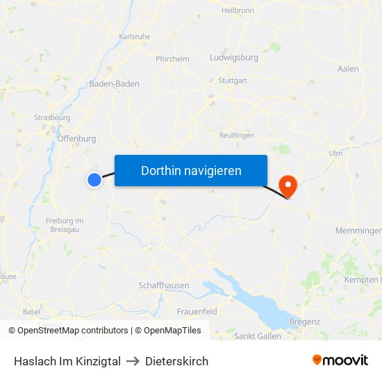 Haslach Im Kinzigtal to Dieterskirch map