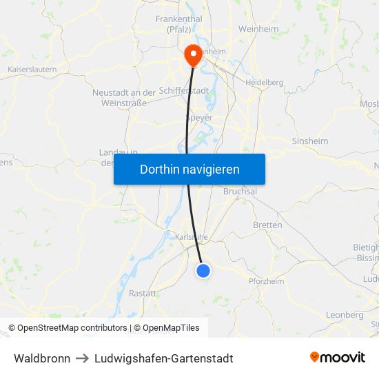 Waldbronn to Ludwigshafen-Gartenstadt map