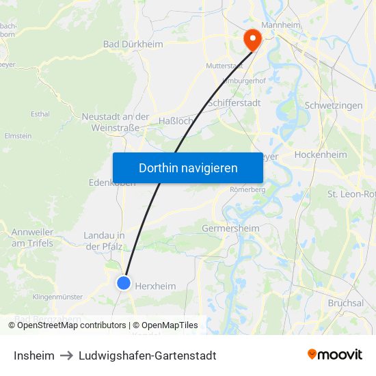 Insheim to Ludwigshafen-Gartenstadt map