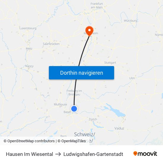 Hausen Im Wiesental to Ludwigshafen-Gartenstadt map