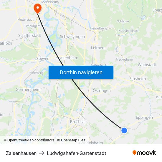 Zaisenhausen to Ludwigshafen-Gartenstadt map