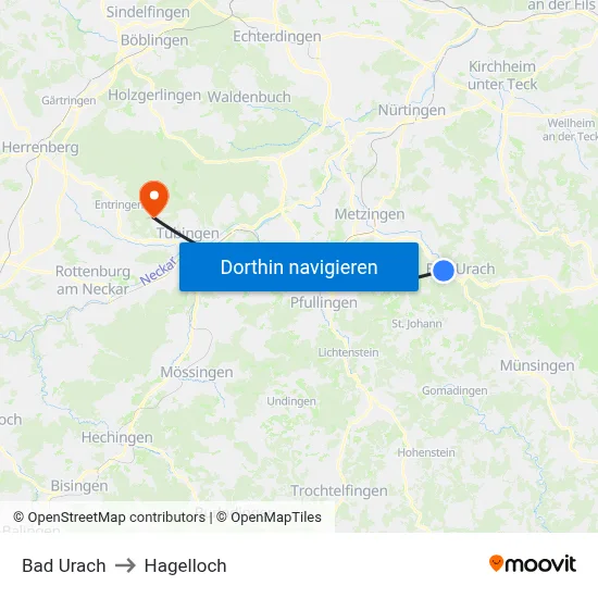 Bad Urach to Hagelloch map