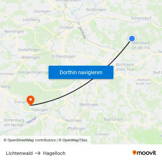 Lichtenwald to Hagelloch map