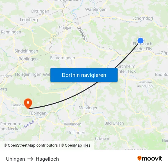 Uhingen to Hagelloch map