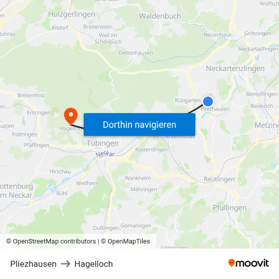 Pliezhausen to Hagelloch map