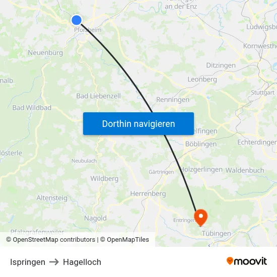 Ispringen to Hagelloch map