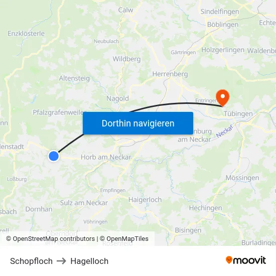 Schopfloch to Hagelloch map
