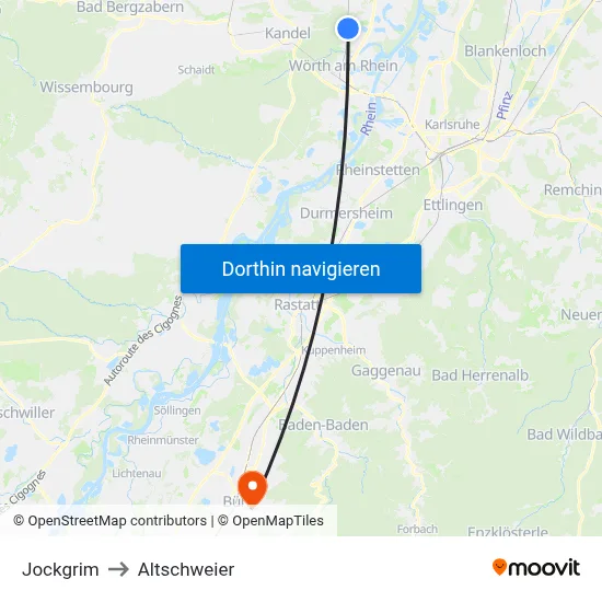 Jockgrim to Altschweier map