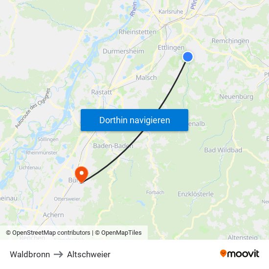 Waldbronn to Altschweier map