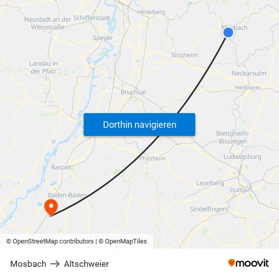 Mosbach to Altschweier map