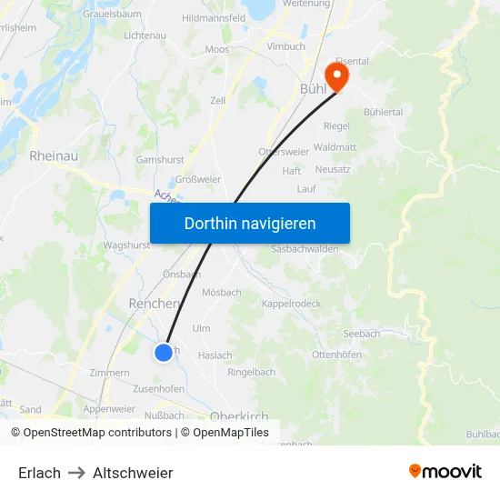 Erlach to Altschweier map