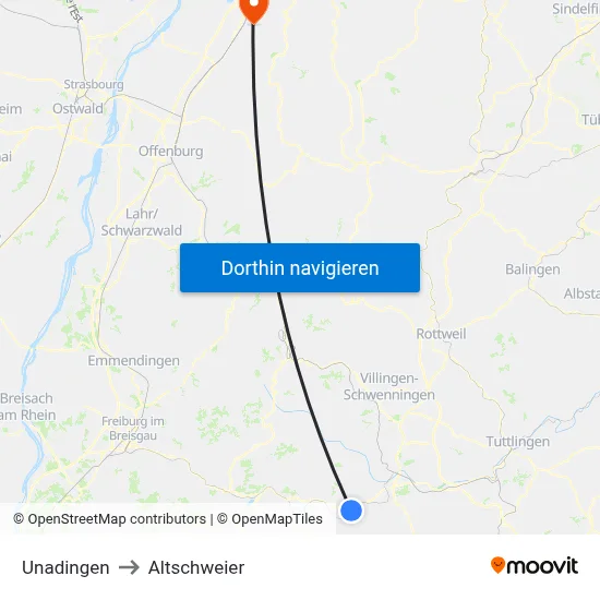 Unadingen to Altschweier map