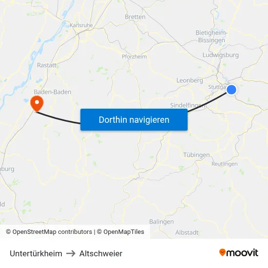 Untertürkheim to Altschweier map