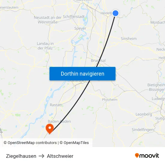 Ziegelhausen to Altschweier map