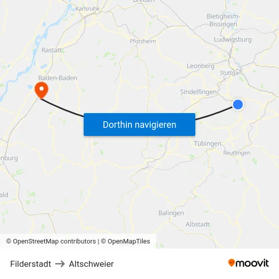 Filderstadt to Altschweier map