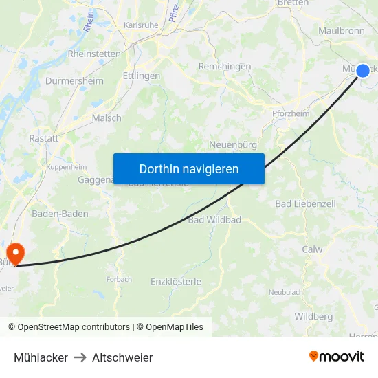 Mühlacker to Altschweier map