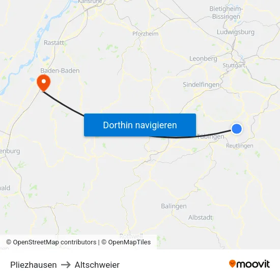 Pliezhausen to Altschweier map