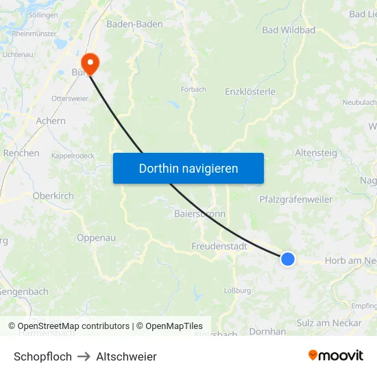 Schopfloch to Altschweier map