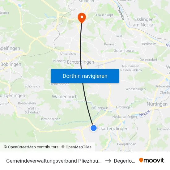 Gemeindeverwaltungsverband Pliezhausen to Degerloch map