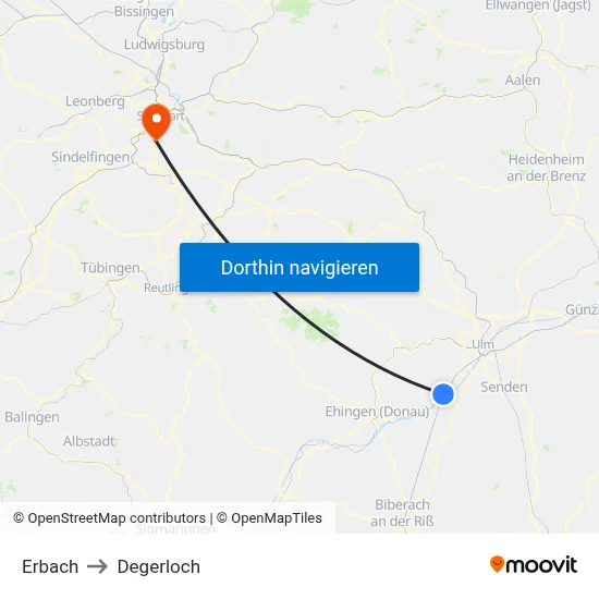 Erbach to Degerloch map