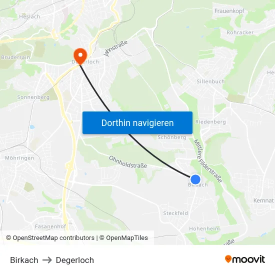 Birkach to Degerloch map