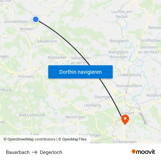 Bauerbach to Degerloch map