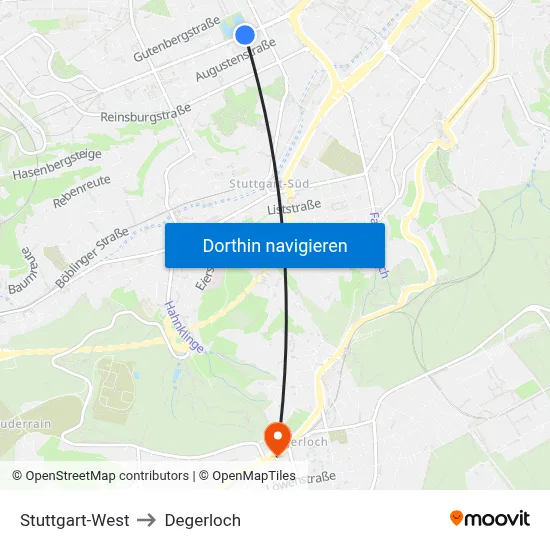 Stuttgart-West to Degerloch map