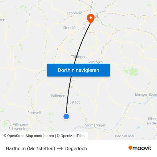 Hartheim (Meßstetten) to Degerloch map