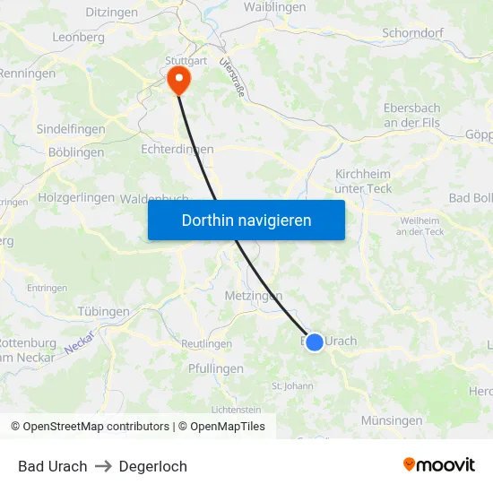 Bad Urach to Degerloch map