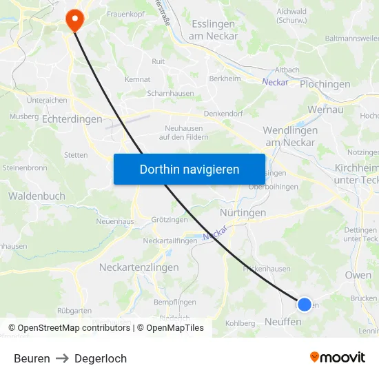Beuren to Degerloch map
