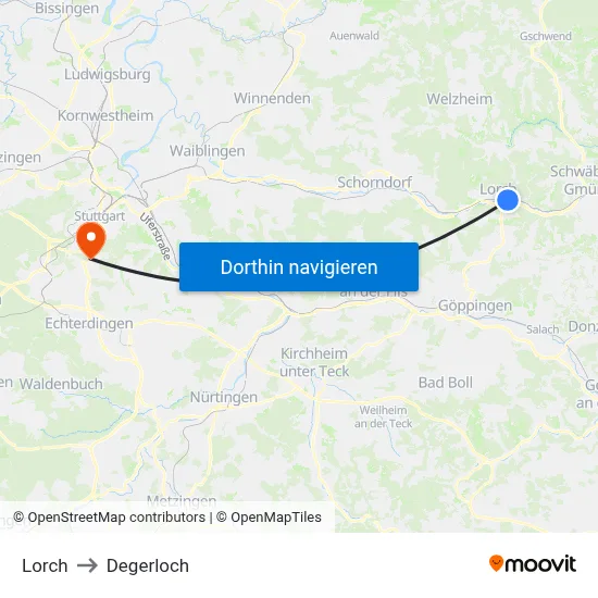 Lorch to Degerloch map