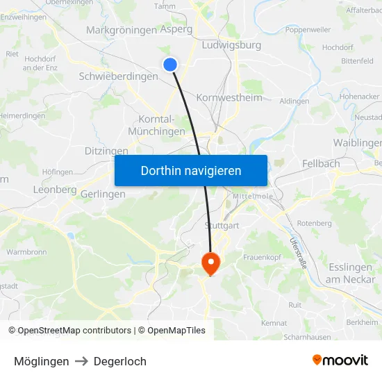 Möglingen to Degerloch map