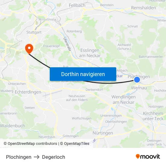 Plochingen to Degerloch map