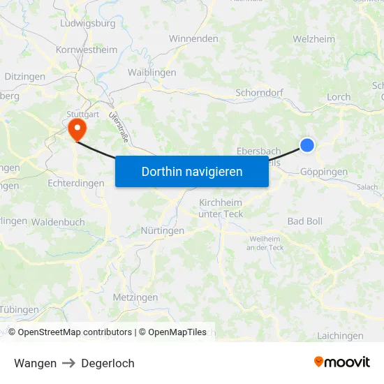 Wangen to Degerloch map