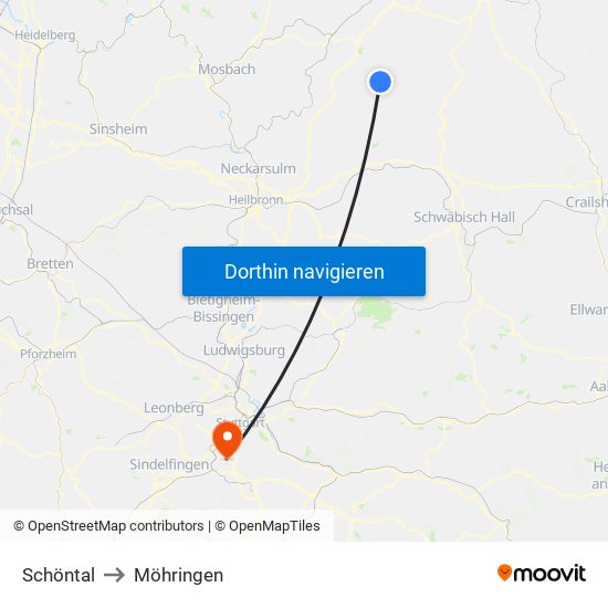 Schöntal to Möhringen map