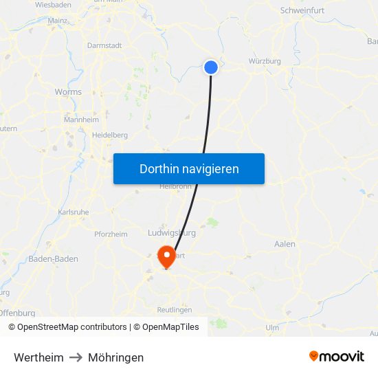 Wertheim to Möhringen map