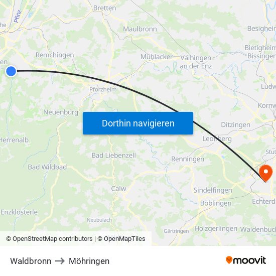Waldbronn to Möhringen map