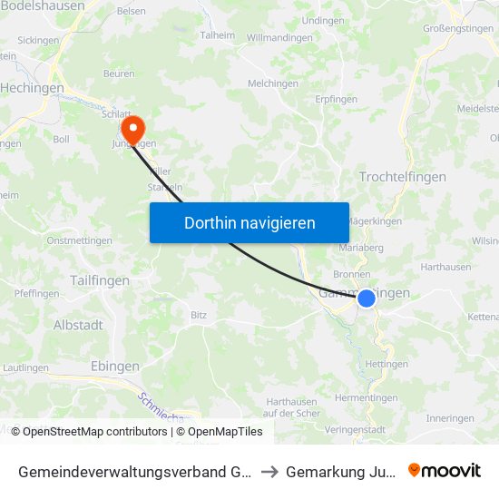 Gemeindeverwaltungsverband Gammertingen to Gemarkung Jungingen map