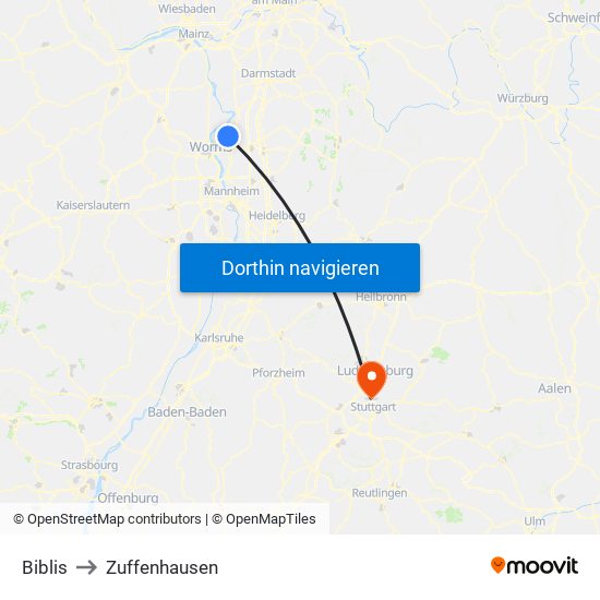 Biblis to Zuffenhausen map