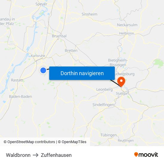 Waldbronn to Zuffenhausen map