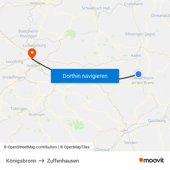 Königsbronn to Zuffenhausen map