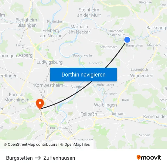 Burgstetten to Zuffenhausen map