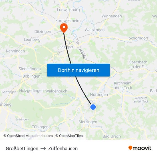 Großbettlingen to Zuffenhausen map