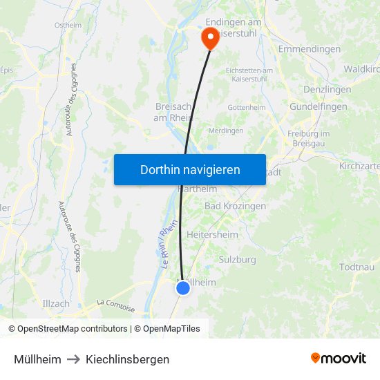 Müllheim to Kiechlinsbergen map