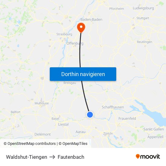 Waldshut-Tiengen to Fautenbach map