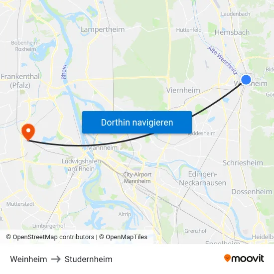 Weinheim to Studernheim map